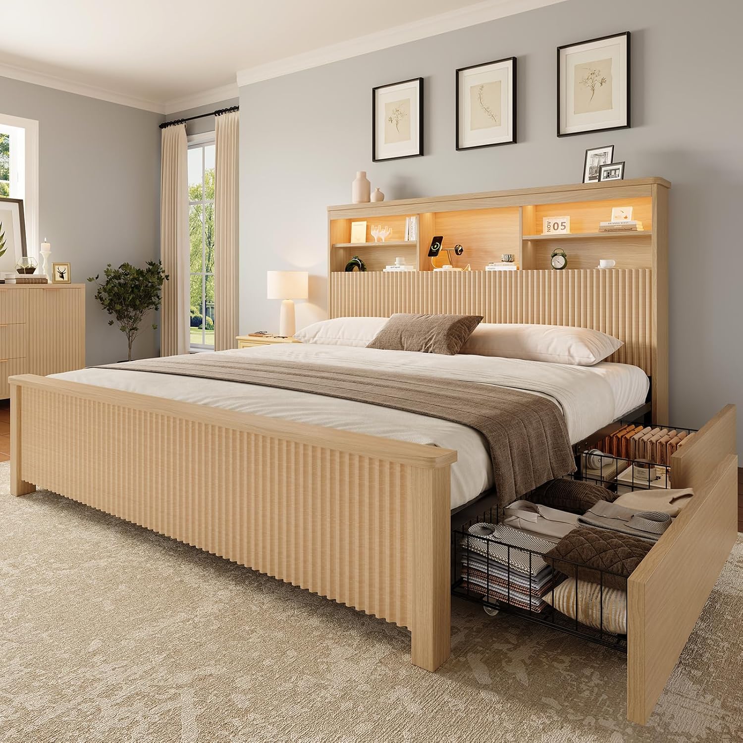 Canopy Bed Frame Metal Queen - 4 Çekmeceli, Doğal Renkli, Queen Boy