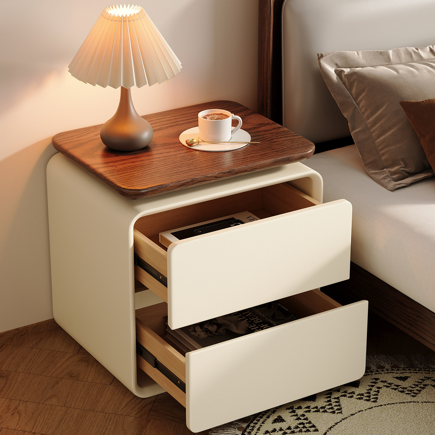 Solid Wood Nightstand 2 Drawers - Modern, minimalist tasarım, 2 çekmeceli, kedi