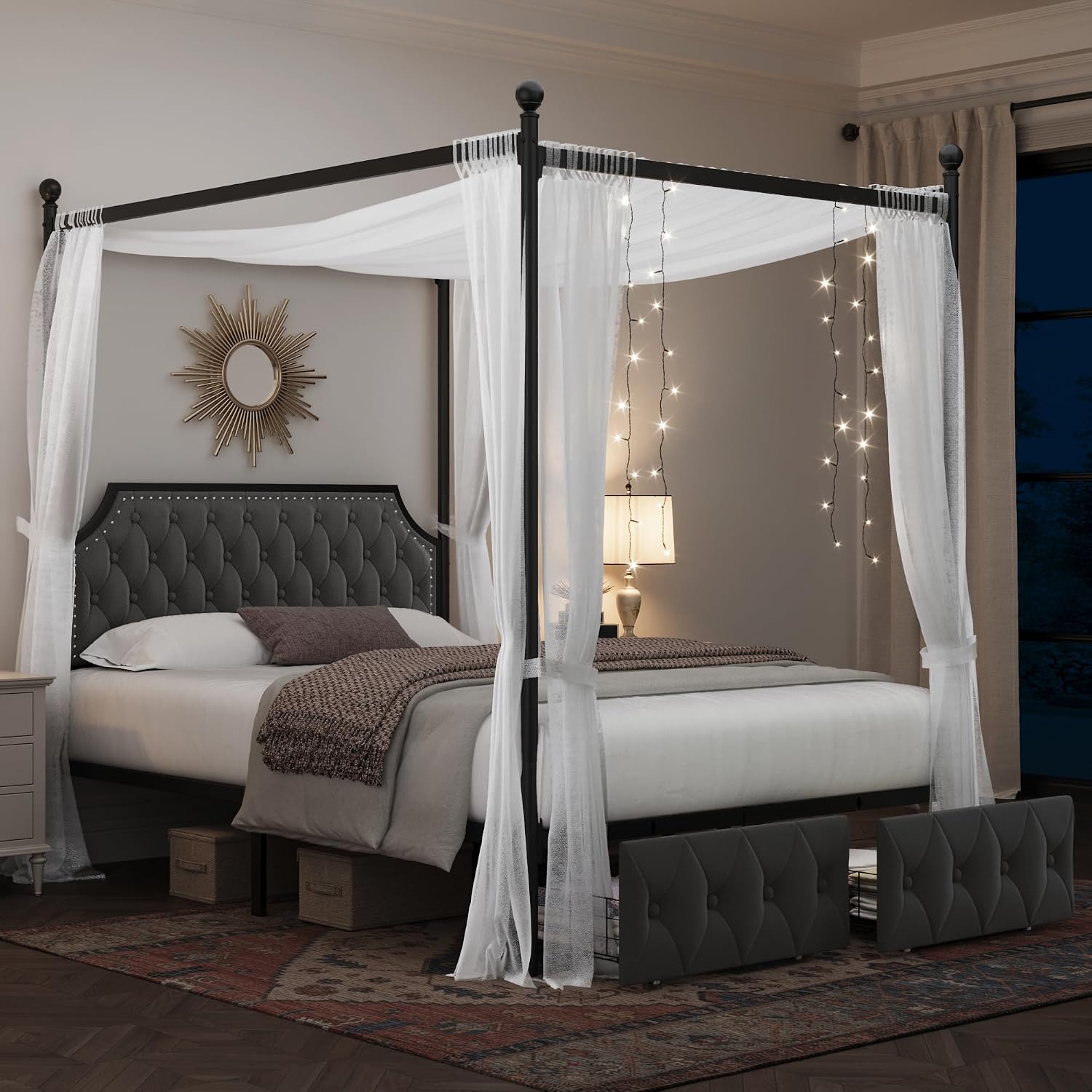 Canopy Bed Frame Metal Queen - Kraliçe Boy Yatak Çerçevesi, Depolama Çekmeceleri