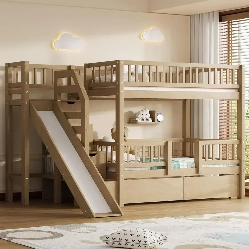 Bunk Bed With Stairs And Slide - Çift Katlı Ahşap Ranza, Kaydıraklı ve