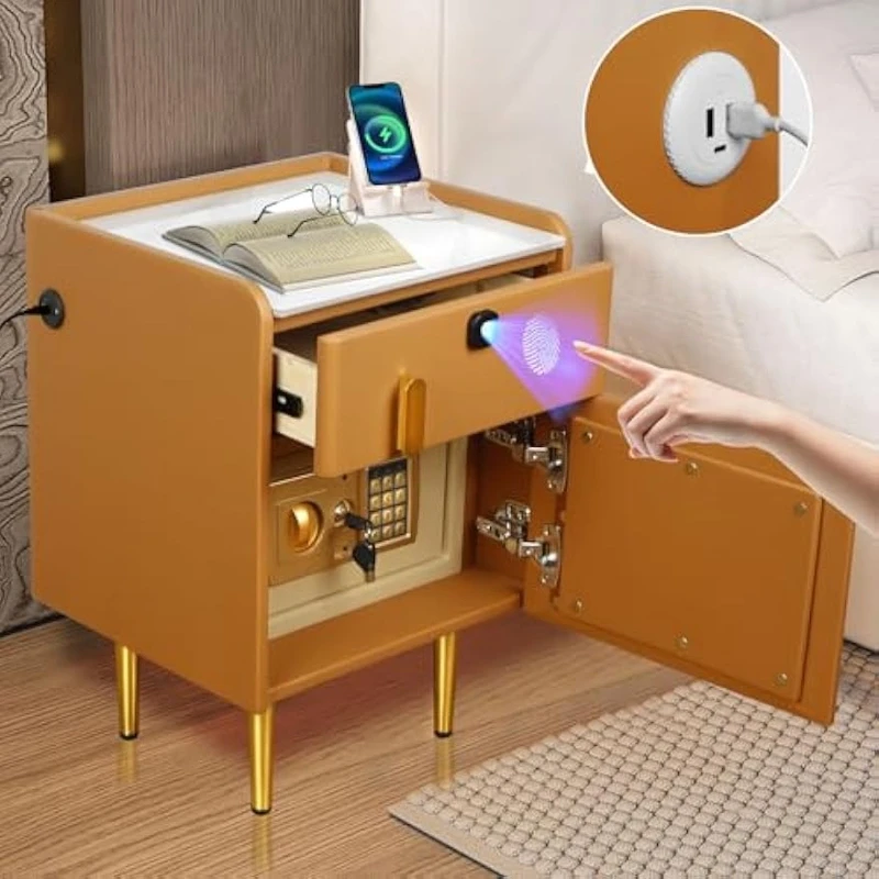 Solid Wood Nightstand 2 Drawers - Gizli Kasalı ve Parmak İziyle Kilitlenebilen