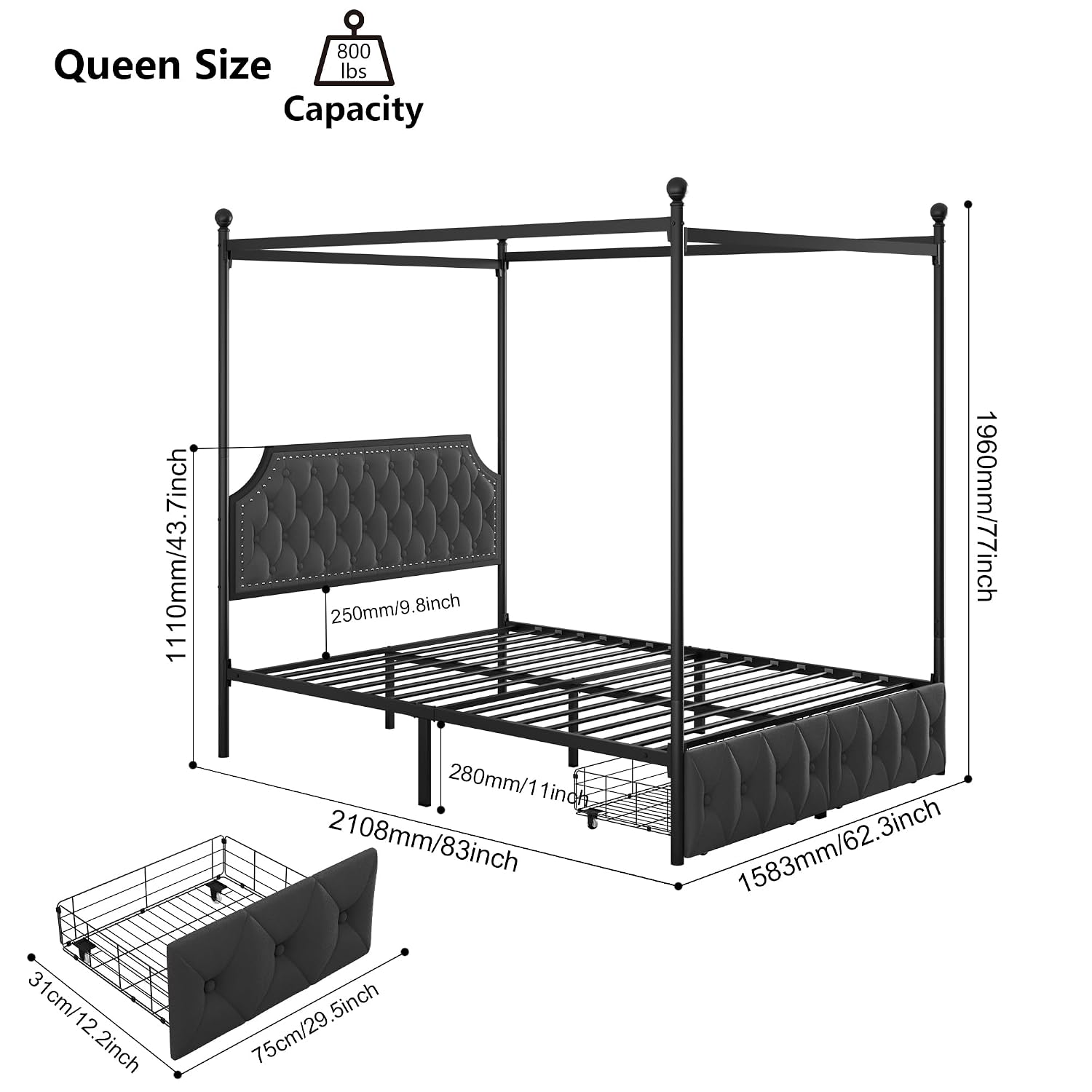 Kraliçe Boy Yatak Çerçevesi, D - Canopy Bed Frame Metal Queen incelemesi ve fiyatı