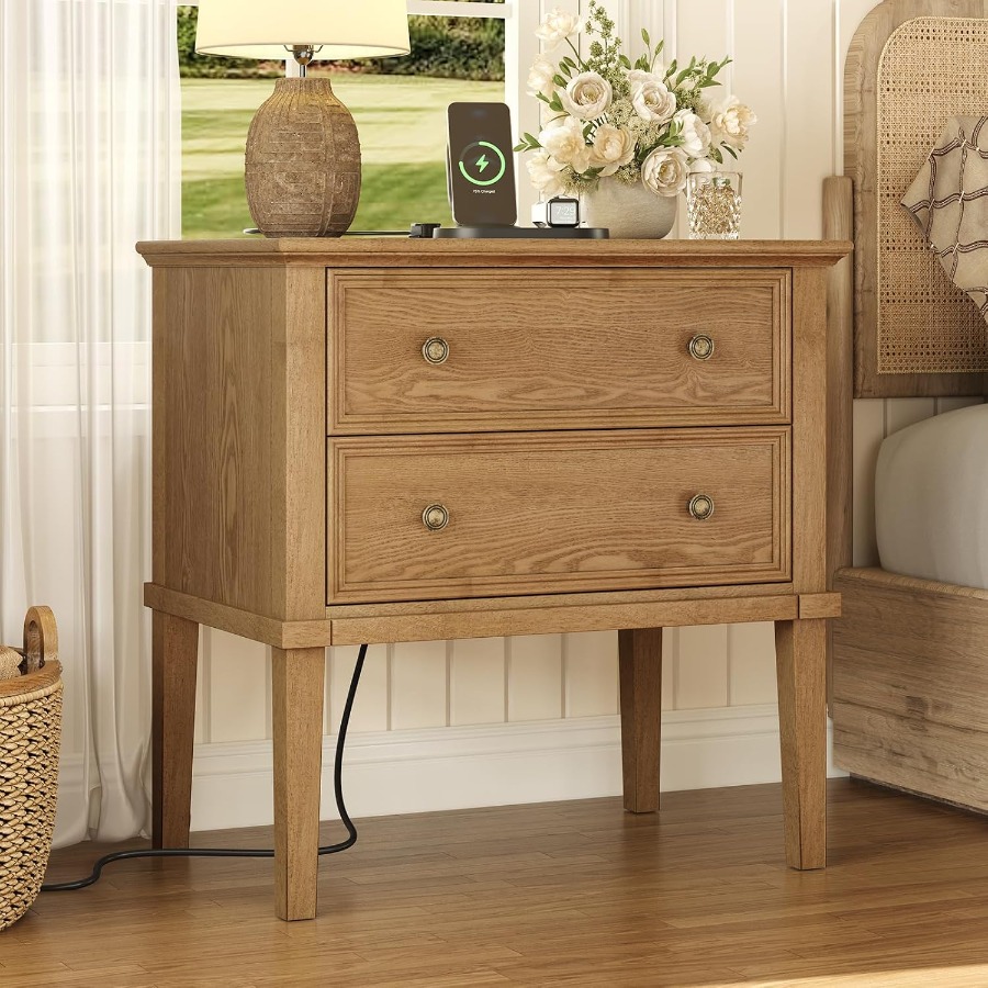Şarj İstasyonlu Masif Ahşap Ko - Solid Wood Nightstand 2 Drawers incelemesi ve fiyatı