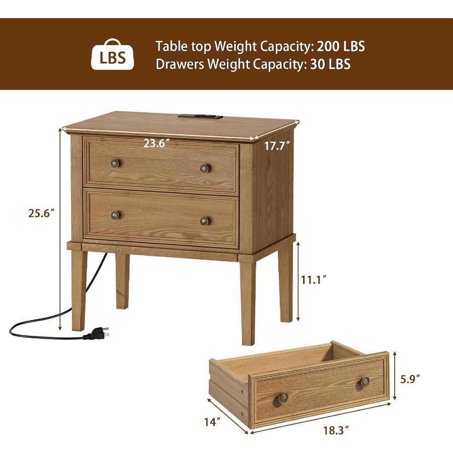 Şarj İstasyonlu Masif Ahşap Ko - Solid Wood Nightstand 2 Drawers incelemesi ve fiyatı
