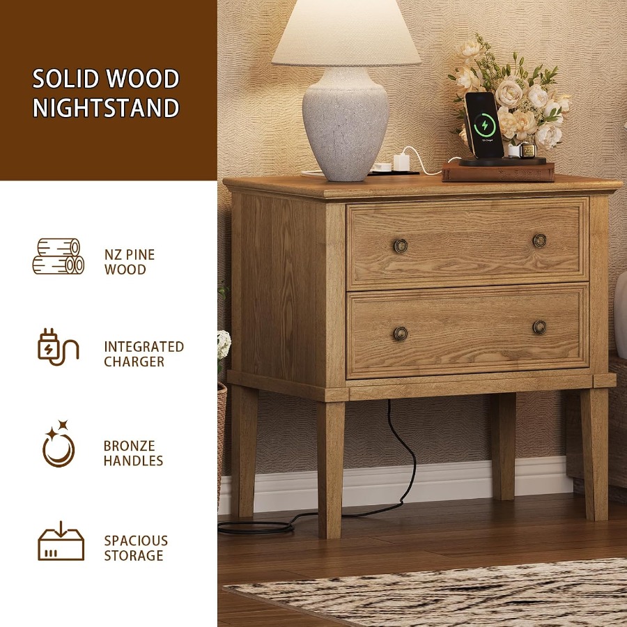 Şarj İstasyonlu Masif Ahşap Ko - Solid Wood Nightstand 2 Drawers incelemesi ve fiyatı